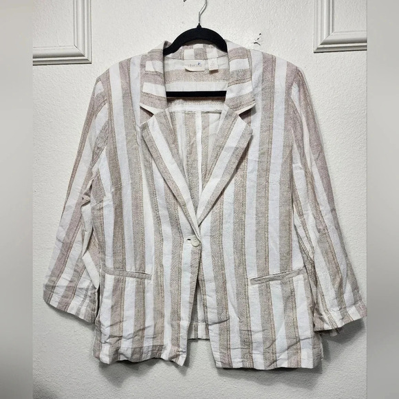 Chico's Linen Blend Striped One Button Shoulder Padded Blazer Large Career - Picture 1 of 6